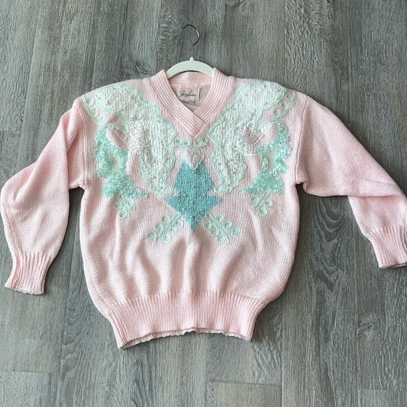 Vintage 1980s Pastel pink beachy mermaid grandma sweater mixed media artsy L - Picture 11 of 12